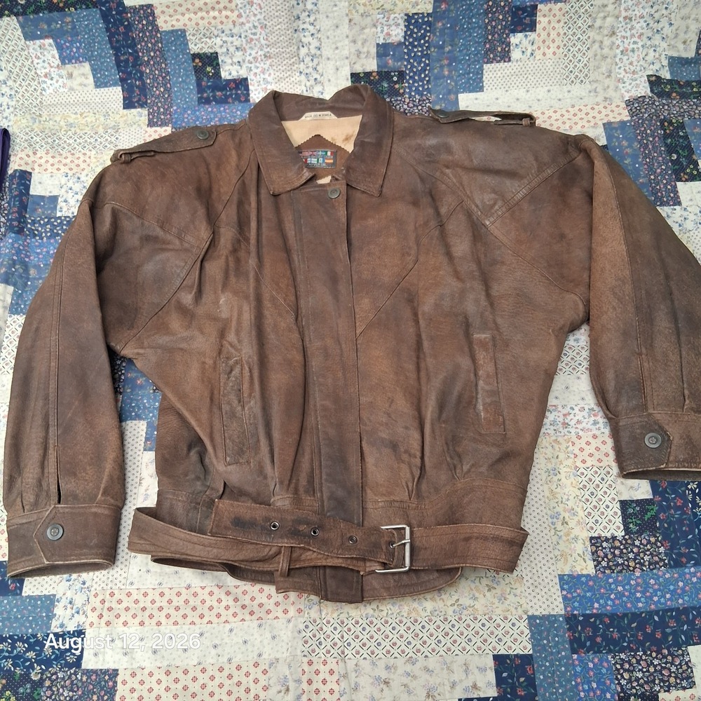 * Vintage 80s Paris Sport Club Womens M Leather Aviator Bomber Belted Jacket